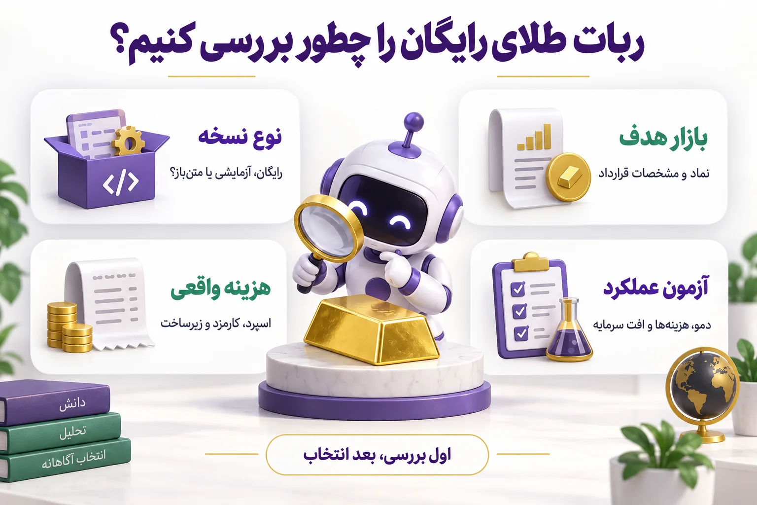 اینفوگرافیک بررسی ربات طلای رایگان: نوع نسخه، بازار هدف، هزینه واقعی و آزمون عملکرد