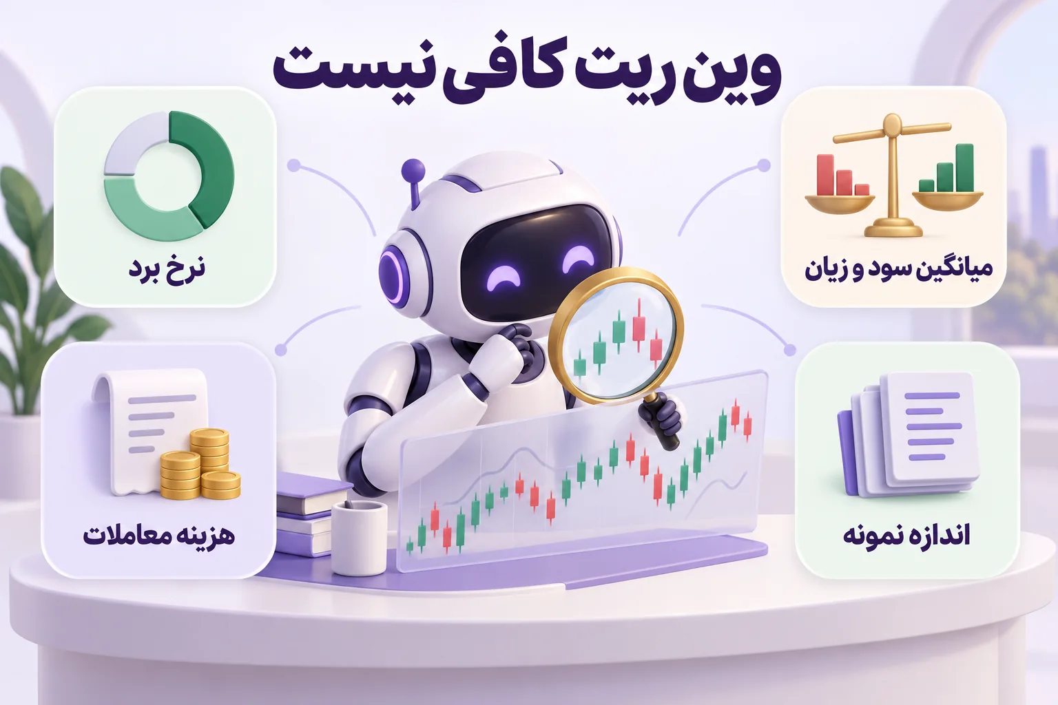 اینفوگرافیک ارزیابی ربات با نرخ برد، میانگین سود و زیان، هزینه معاملات و اندازه نمونه